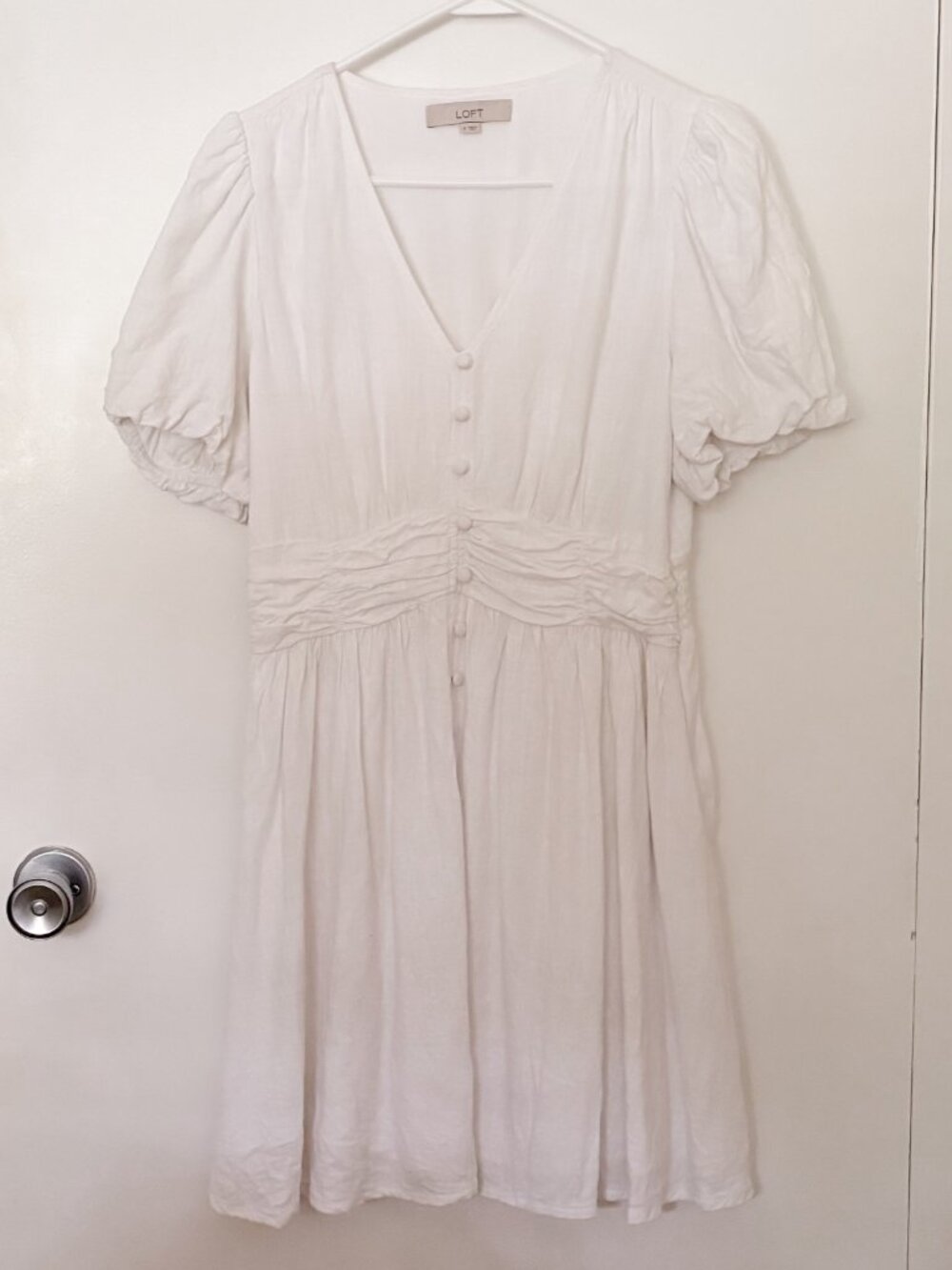 Loft White V-Neck Dress with Puff Sleeves